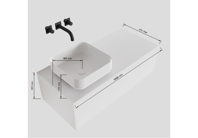 Badkamermeubelset Mondiaz LAGOM 120 cm met Topblad LED Linkse Wastafel Solid Surface Opzetkom Binx Met 1 Kraangat Mat Wit (1 lade)