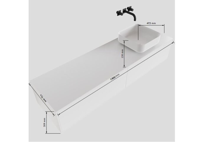 Badkamermeubelset Mondiaz LAGOM 190 cm met Topblad LED Rechtse Wastafel Solid Surface Opzetkom Binx Zonder Kraangat Mat Wit (2 laden)